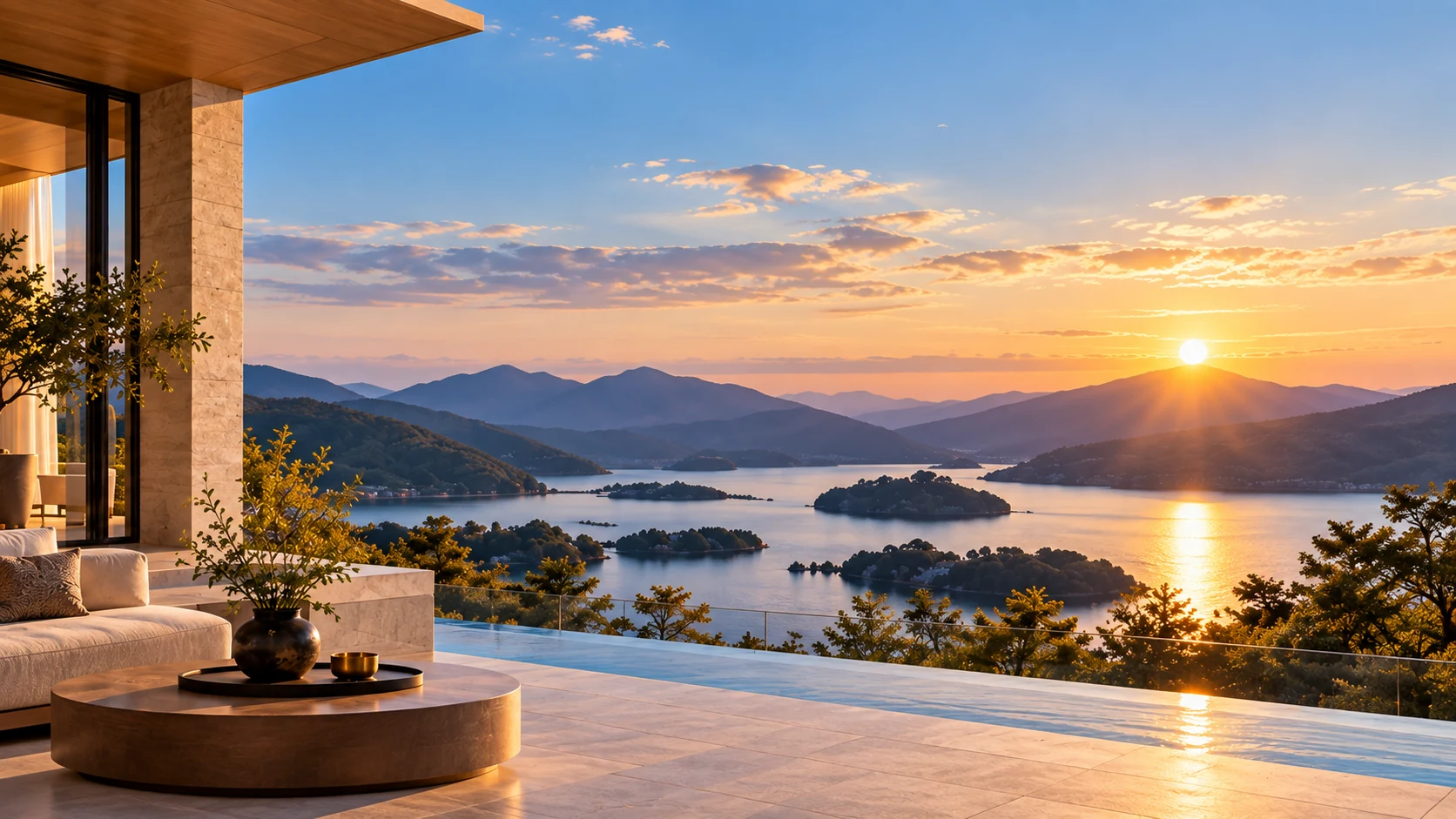 夕景を眺めながら、ゆっくり語り合うラウンジのイメージ